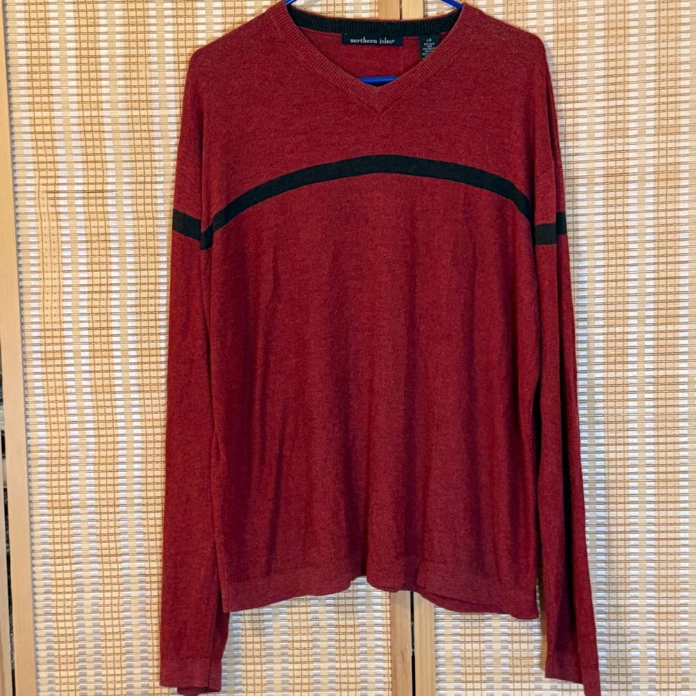 Northern Isles Mens Red Silk Cashmere Blend V-Neck‎ Stripe Sweater L Preppy
